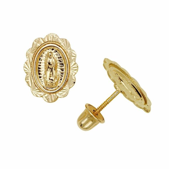 Solid 14K Gold 7x8mm Religious Guadalupe Virgin Mary Screw Back Stud Earrings - Picture 2 of 3